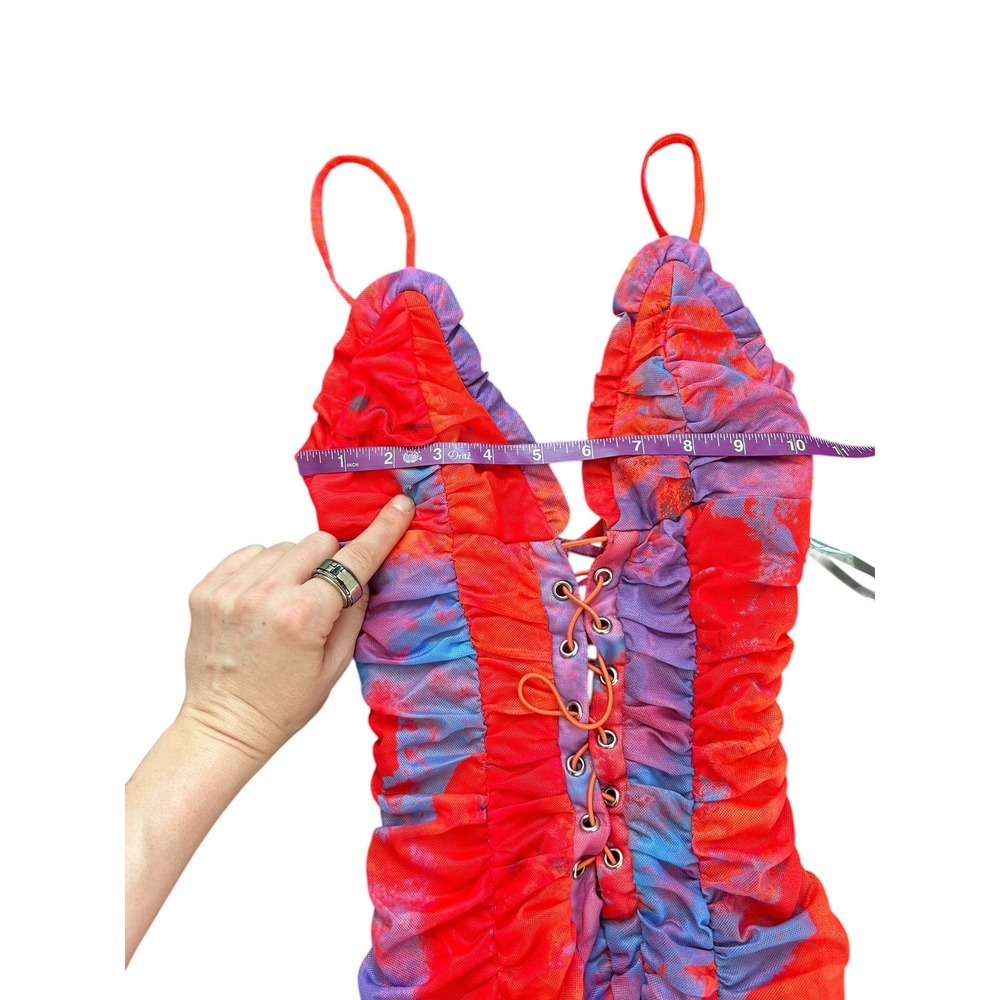 Outcast Madrid XS Red Purple Tie Dye Ruched Mesh Lace Up Ruffle Mini Dress - Picture 4 of 7